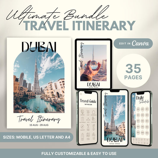 A promotional graphic showcasing a travel itinerary bundle, featuring digital and printable versions.