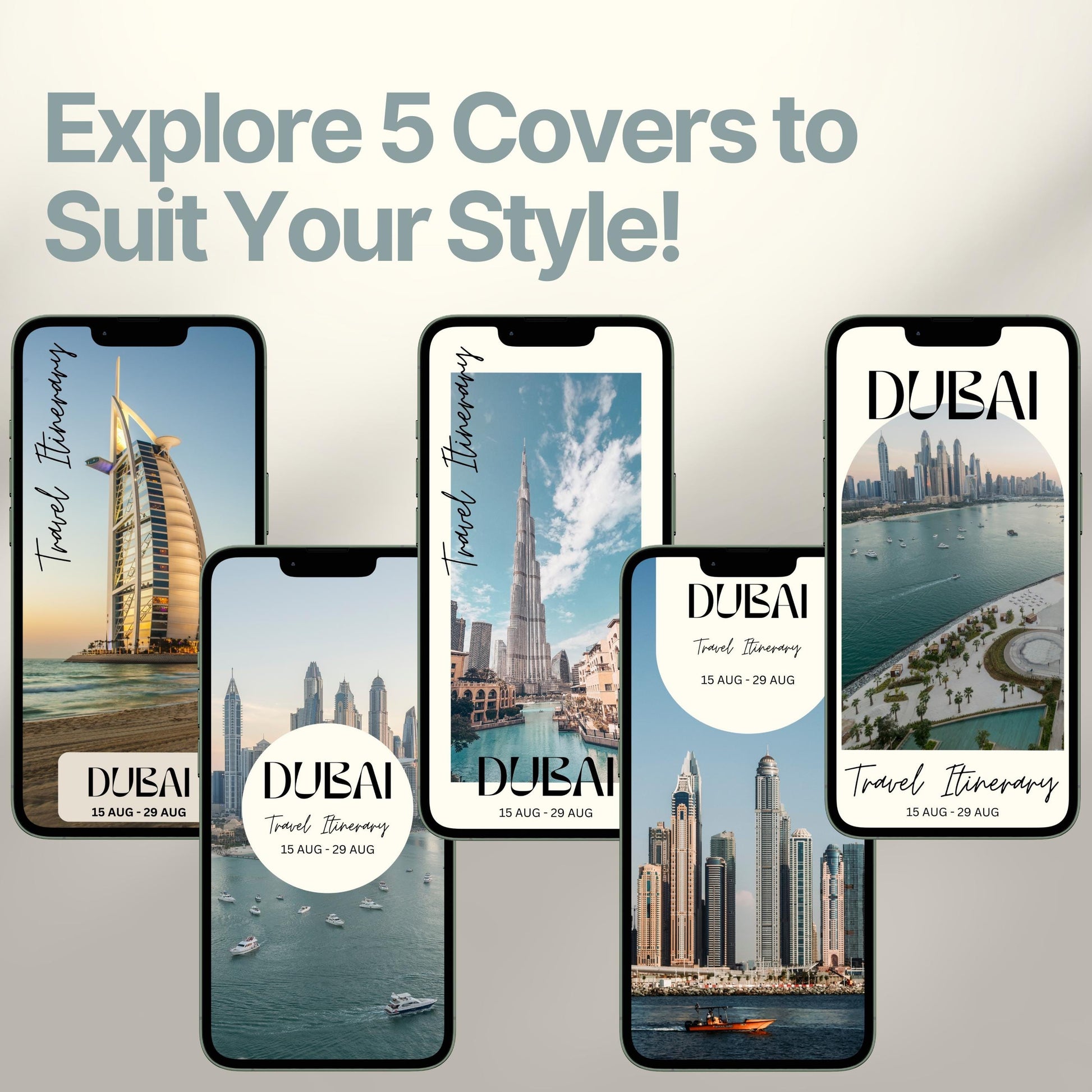 Five smartphone screens display different stylish cover designs. The headline above reads “Explore 5 Covers to Suit Your Style!” showcasing customization options for travelers.