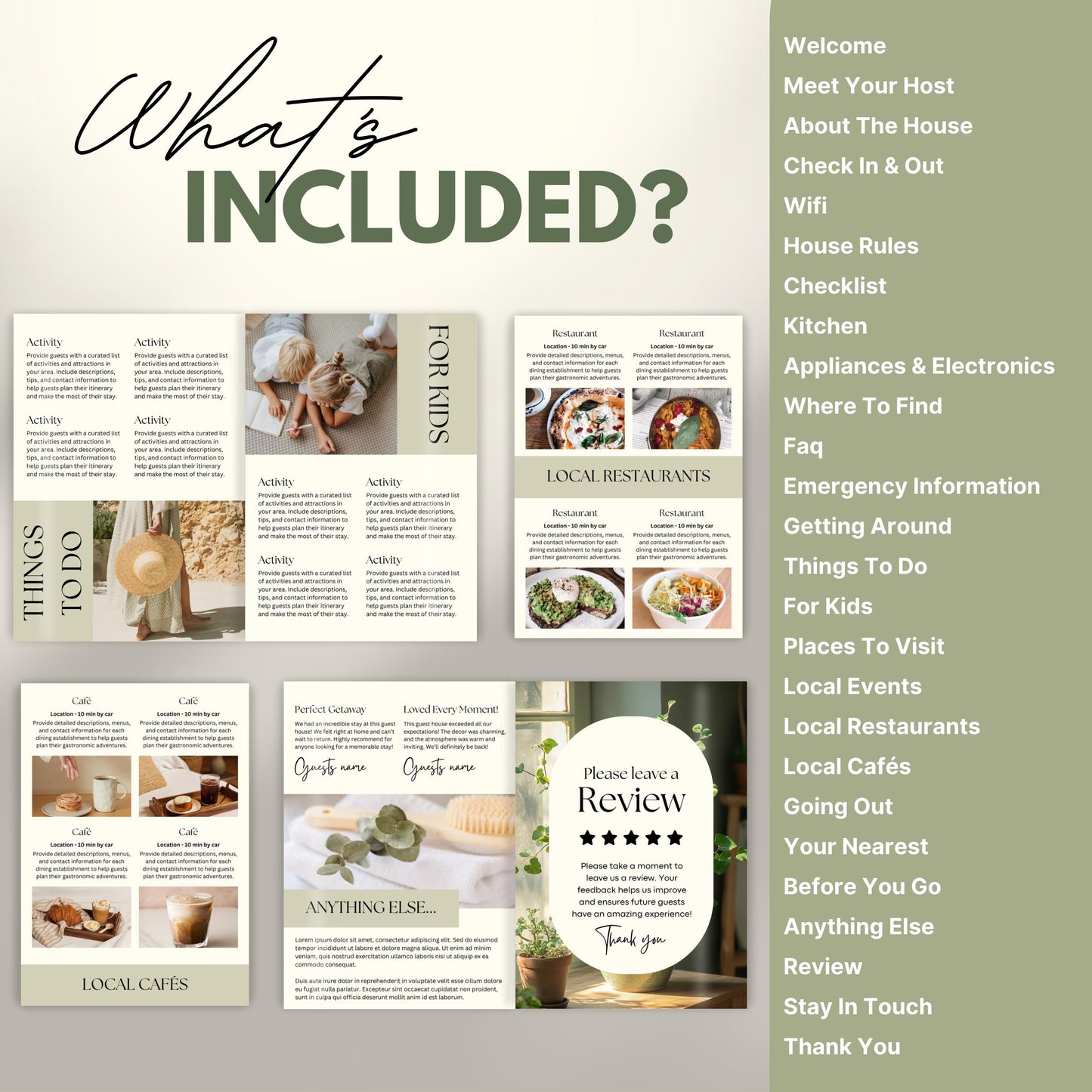 A promotional layout for a Airbnb Welcome Book template. The image displays various page samples including sections like “Review,” “Things To Do." 