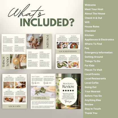 A promotional layout for a Airbnb Welcome Book template. The image displays various page samples including sections like “Review,” “Things To Do." 