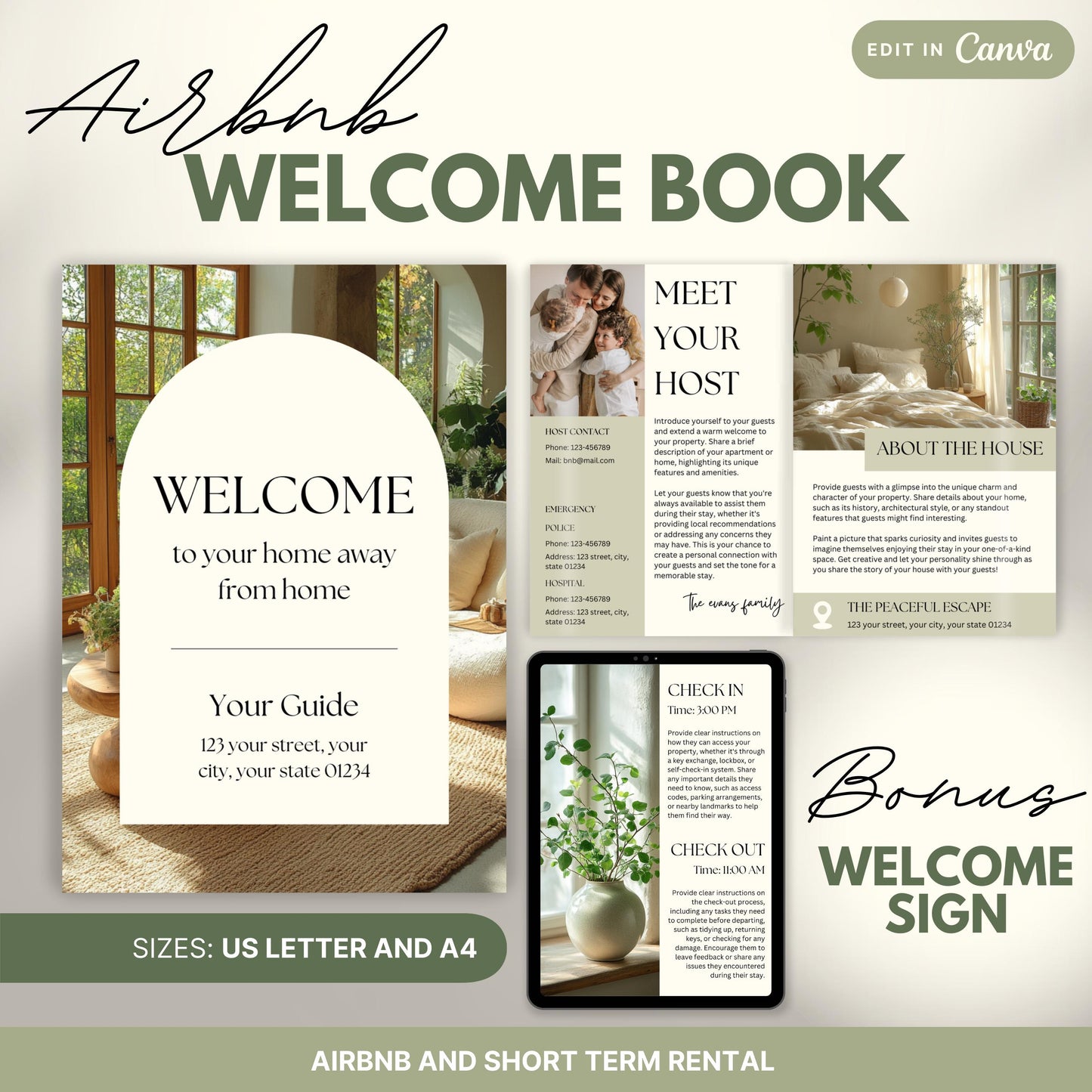Promotional image for an "Airbnb Welcome Book" editable in Canva. A tablet and print view are shown for flexibility. The text highlights that the templates are available in US Letter and A4 sizes and include a bonus welcome sign. Ideal for Airbnb and short-term rental hosts.