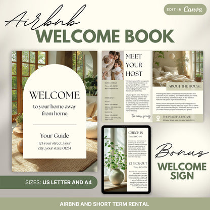 Promotional image for an "Airbnb Welcome Book" editable in Canva. A tablet and print view are shown for flexibility. The text highlights that the templates are available in US Letter and A4 sizes and include a bonus welcome sign. Ideal for Airbnb and short-term rental hosts.