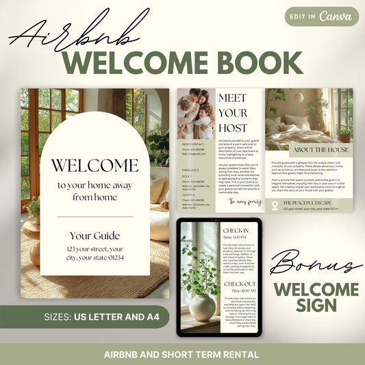 Promotional image for an "Airbnb Welcome Book" editable in Canva. A tablet and print view are shown for flexibility. The text highlights that the templates are available in US Letter and A4 sizes and include a bonus welcome sign. Ideal for Airbnb and short-term rental hosts.