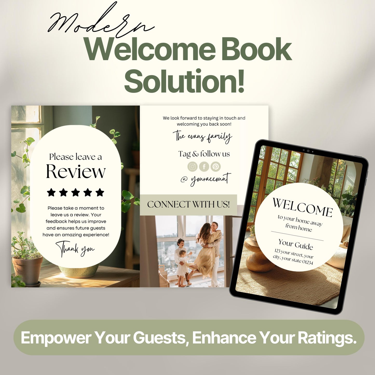 Graphic featuring a "Modern Welcome Book Solution!" with three sample pages displayed.