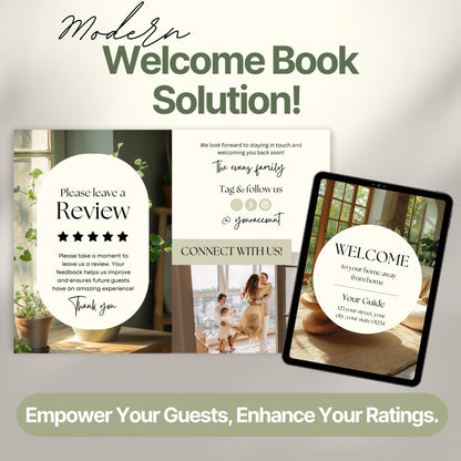 Graphic featuring a "Modern Welcome Book Solution!" with three sample pages displayed.