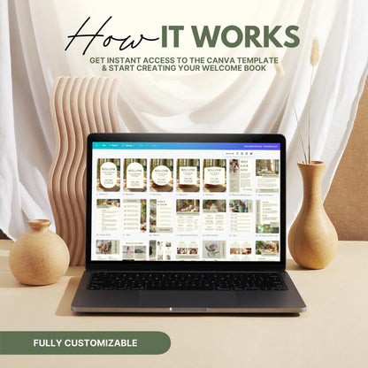 Instructional graphic titled "How It Works" for creating an Airbnb Welcome Book using a digital template. 