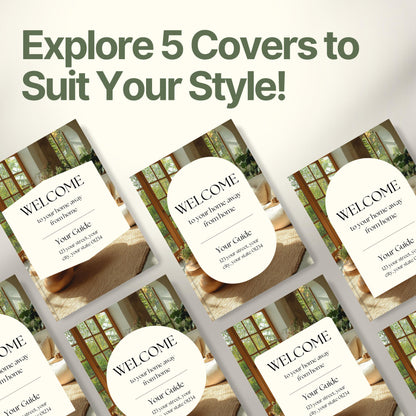 Graphic promoting customizable Airbnb Welcome Book covers with the headline “Explore 5 Covers to Suit Your Style!”