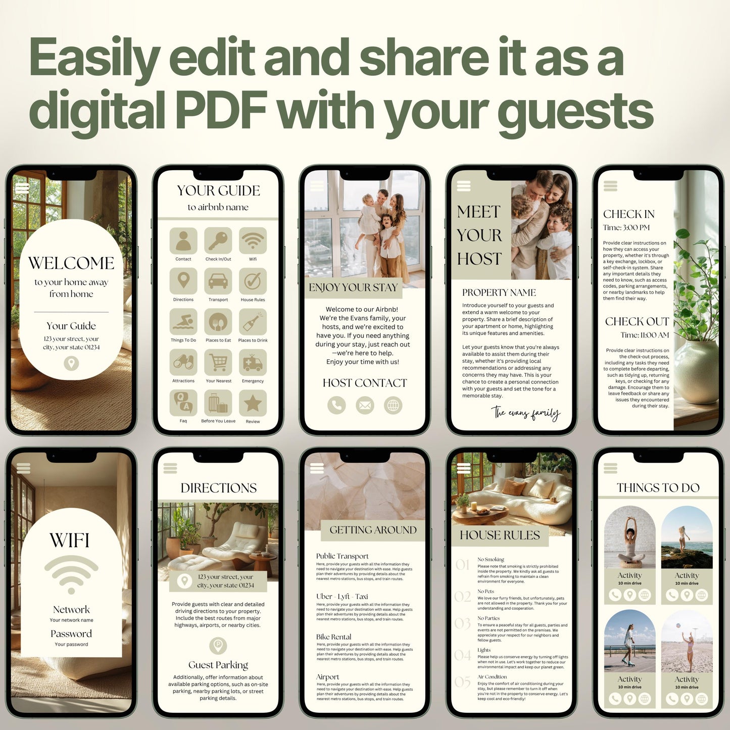 Smartphones display various pages of a digital Airbnb welcome book. The top header reads, "Easily edit and share it as a digital PDF with your guests," emphasizing customization and digital sharing convenience.