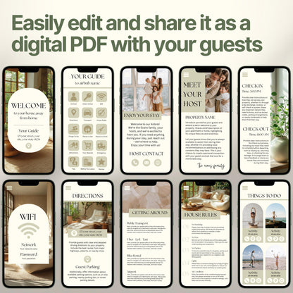 Smartphones display various pages of a digital Airbnb welcome book. The top header reads, "Easily edit and share it as a digital PDF with your guests," emphasizing customization and digital sharing convenience.