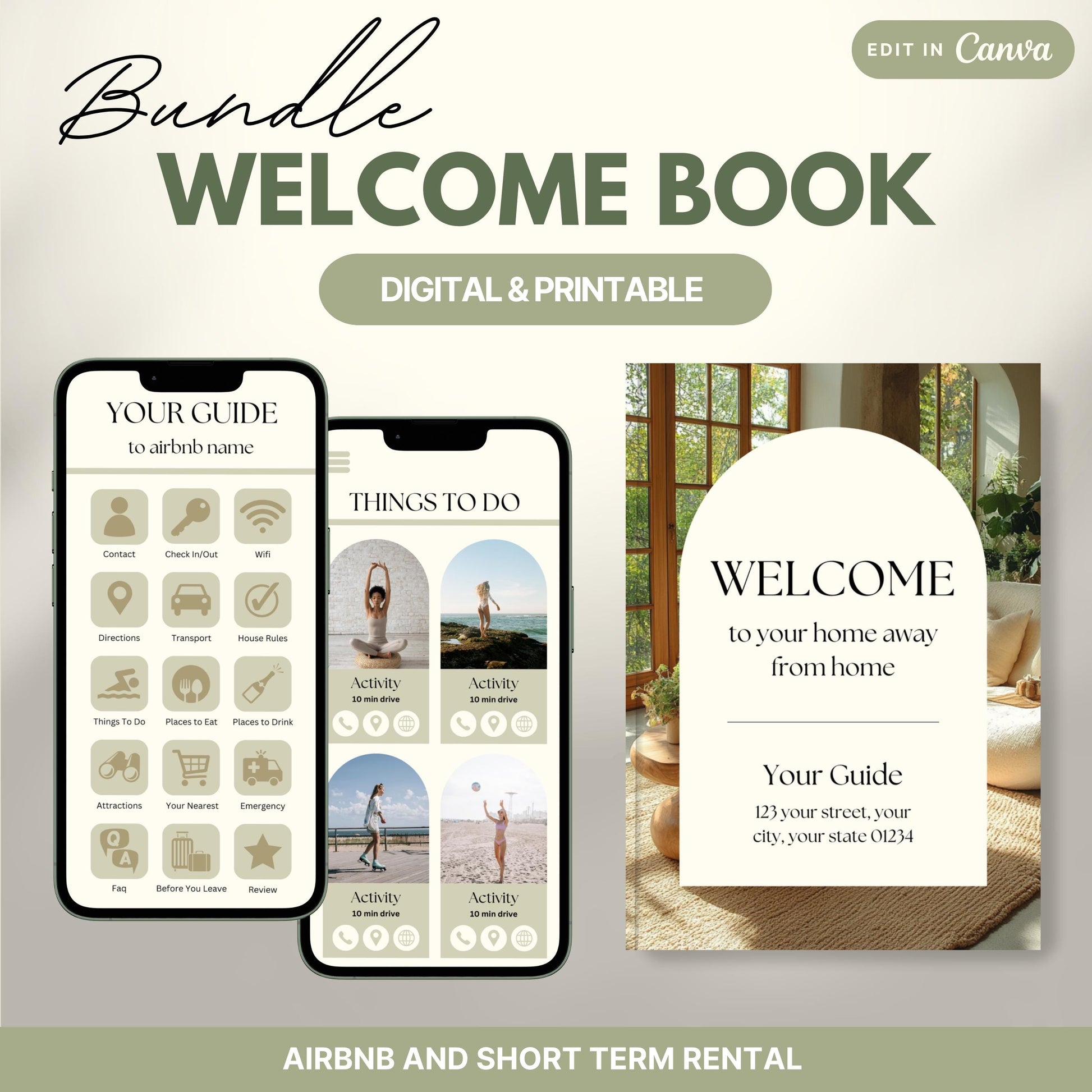 Promotional image for an "Airbnb Welcome Book" editable in Canva. A phone and print view are shown for flexibility. The text highlights that the templates are available in US Letter and A4 sizes and include a bonus welcome sign. Ideal for Airbnb and short-term rental hosts.