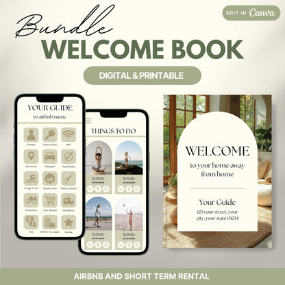 Promotional image for an "Airbnb Welcome Book" editable in Canva. A phone and print view are shown for flexibility. The text highlights that the templates are available in US Letter and A4 sizes and include a bonus welcome sign. Ideal for Airbnb and short-term rental hosts.