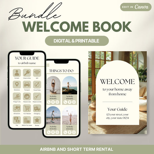 Promotional image for an "Airbnb Welcome Book" editable in Canva. A phone and print view are shown for flexibility. The text highlights that the templates are available in US Letter and A4 sizes and include a bonus welcome sign. Ideal for Airbnb and short-term rental hosts.