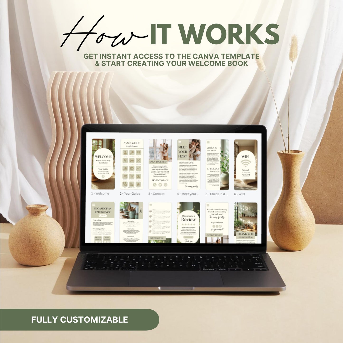 Instructional graphic titled "How It Works" for creating an Airbnb Welcome Book using a digital template. 