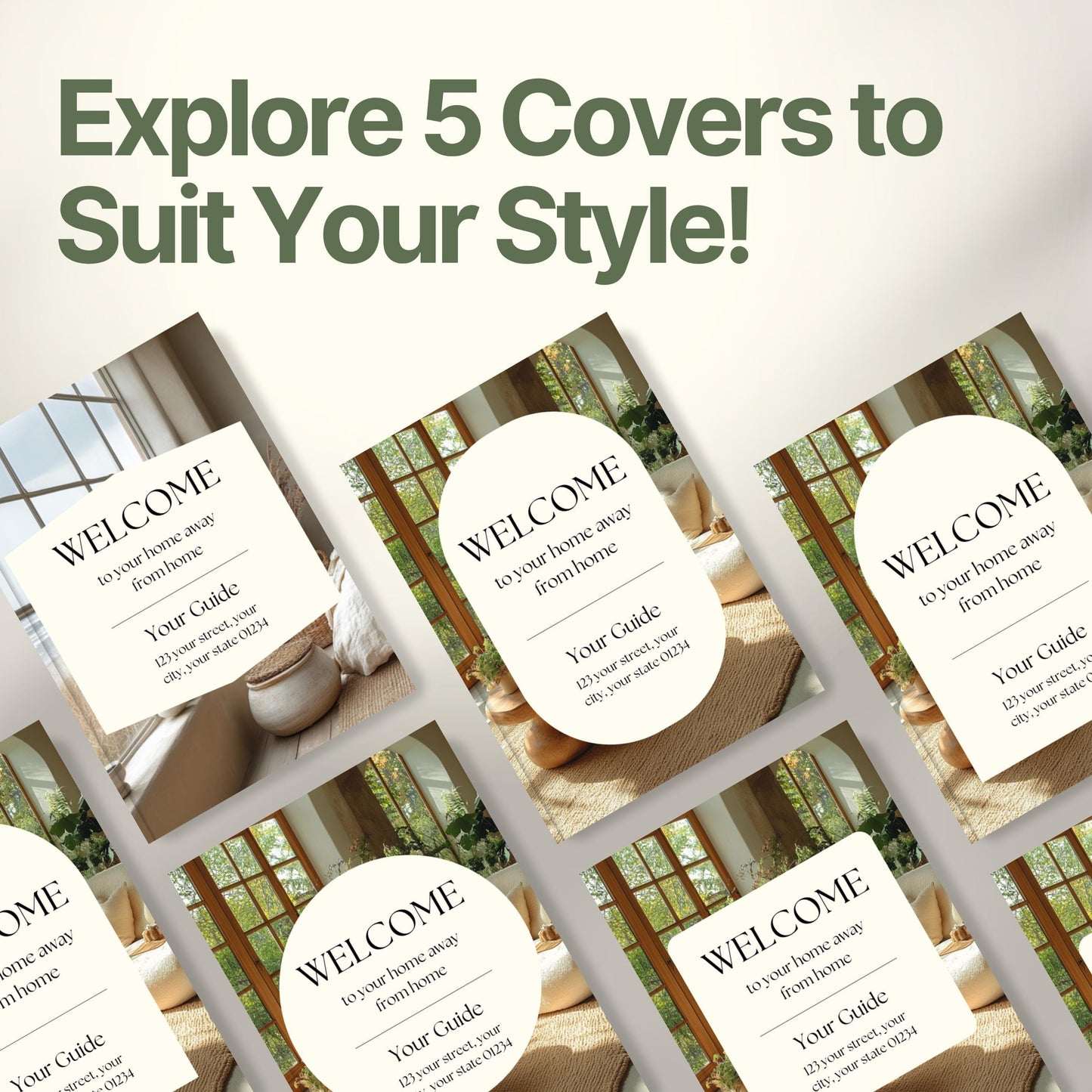 Graphic promoting customizable Airbnb Welcome Book covers with the headline “Explore 5 Covers to Suit Your Style!”