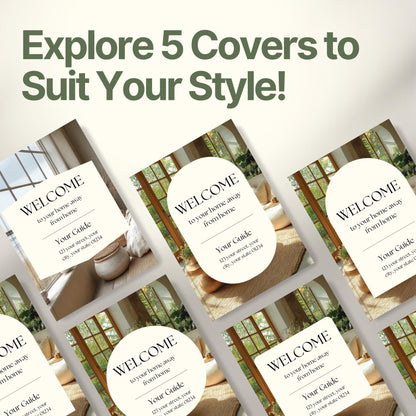 Graphic promoting customizable Airbnb Welcome Book covers with the headline “Explore 5 Covers to Suit Your Style!”