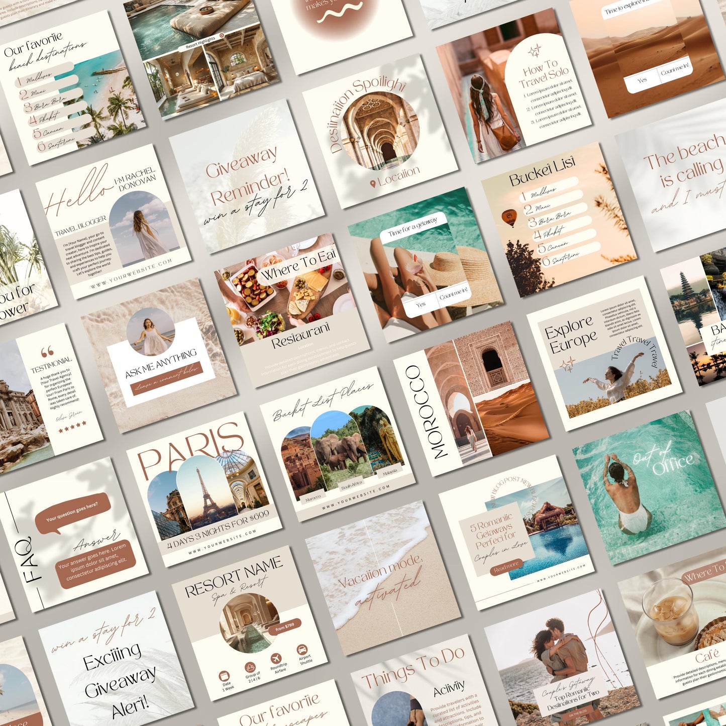 Grid of travel agent instagram templates.