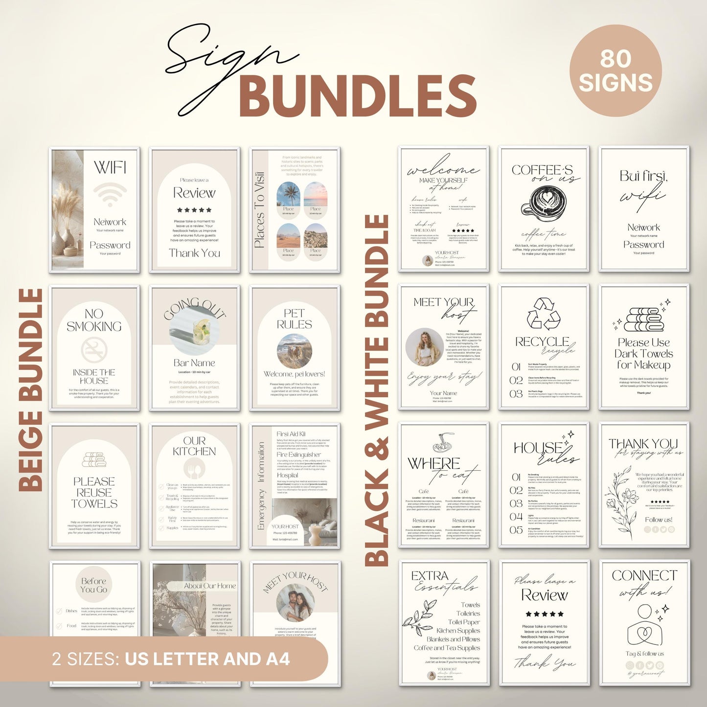 Overview of a airbnb host bundle showing airbnb signs in us letter and a4.