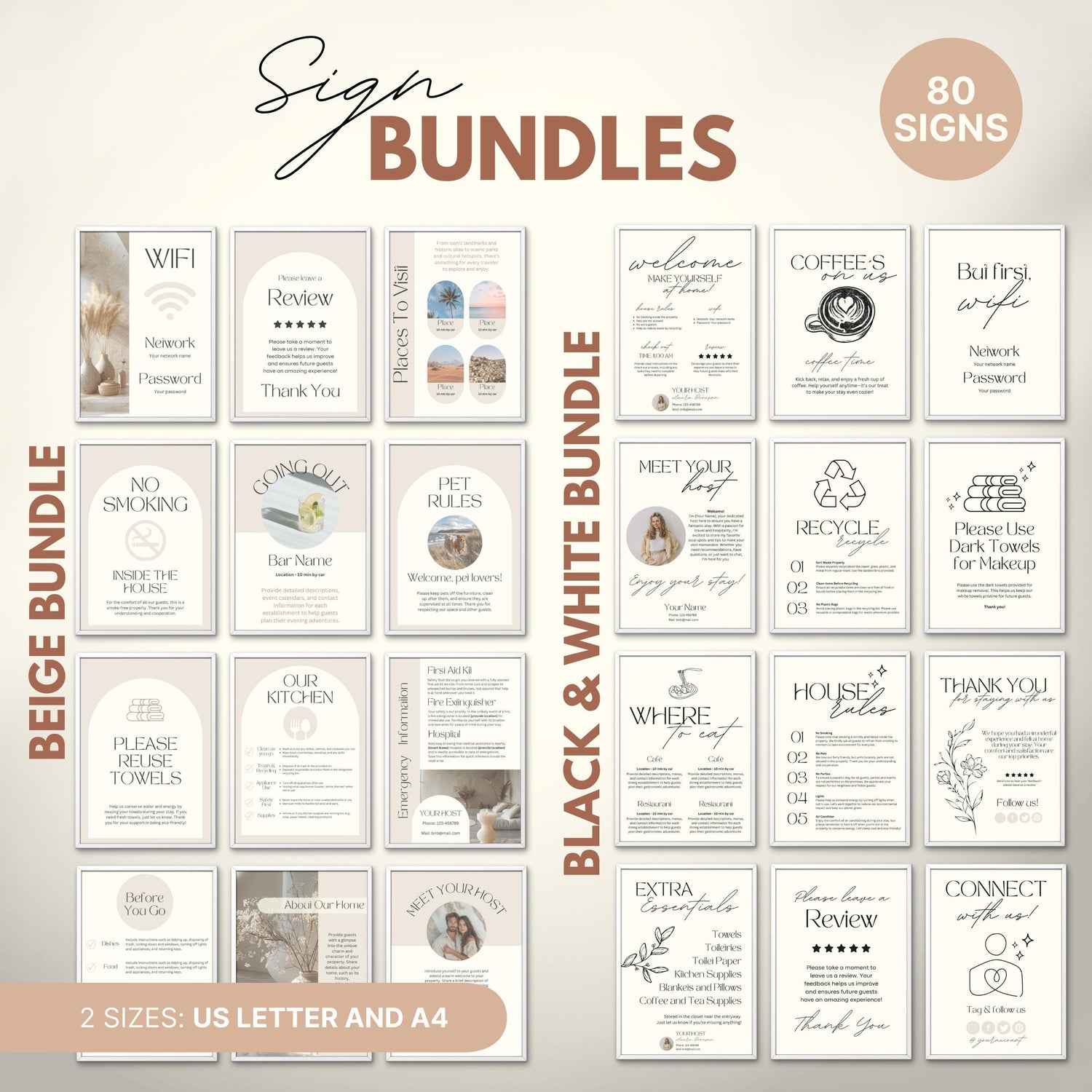 Overview of a airbnb host bundle showing airbnb signs in us letter and a4.