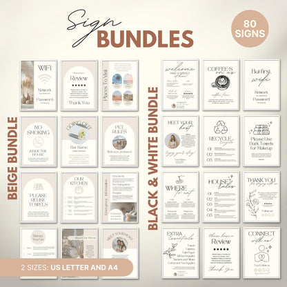 Overview of a airbnb host bundle showing airbnb signs in us letter and a4.