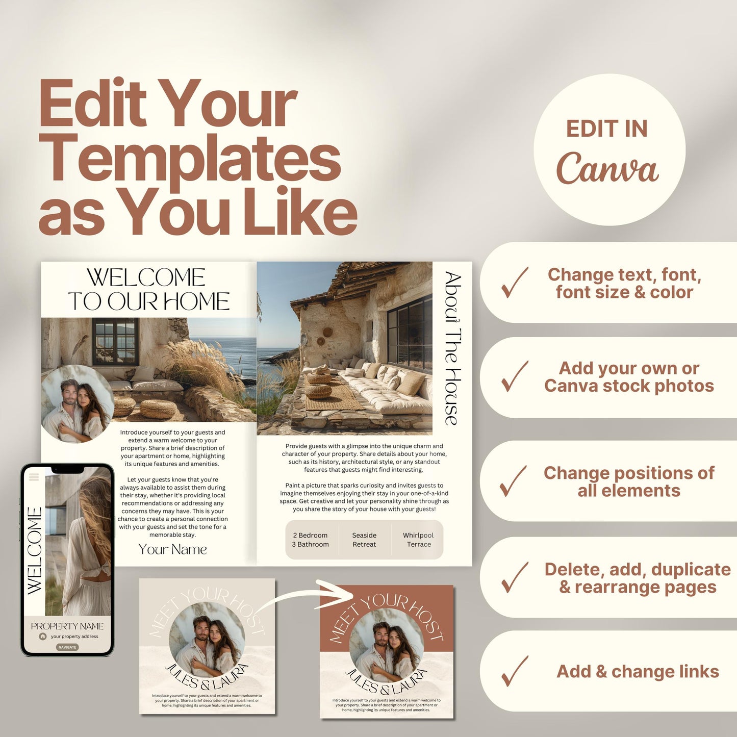 Editable Airbnb host welcome guide template, featuring welcome messages, house description, and host introduction. Includes checklist of customizable elements such as text, photos, layout, and links, all editable in Canva.