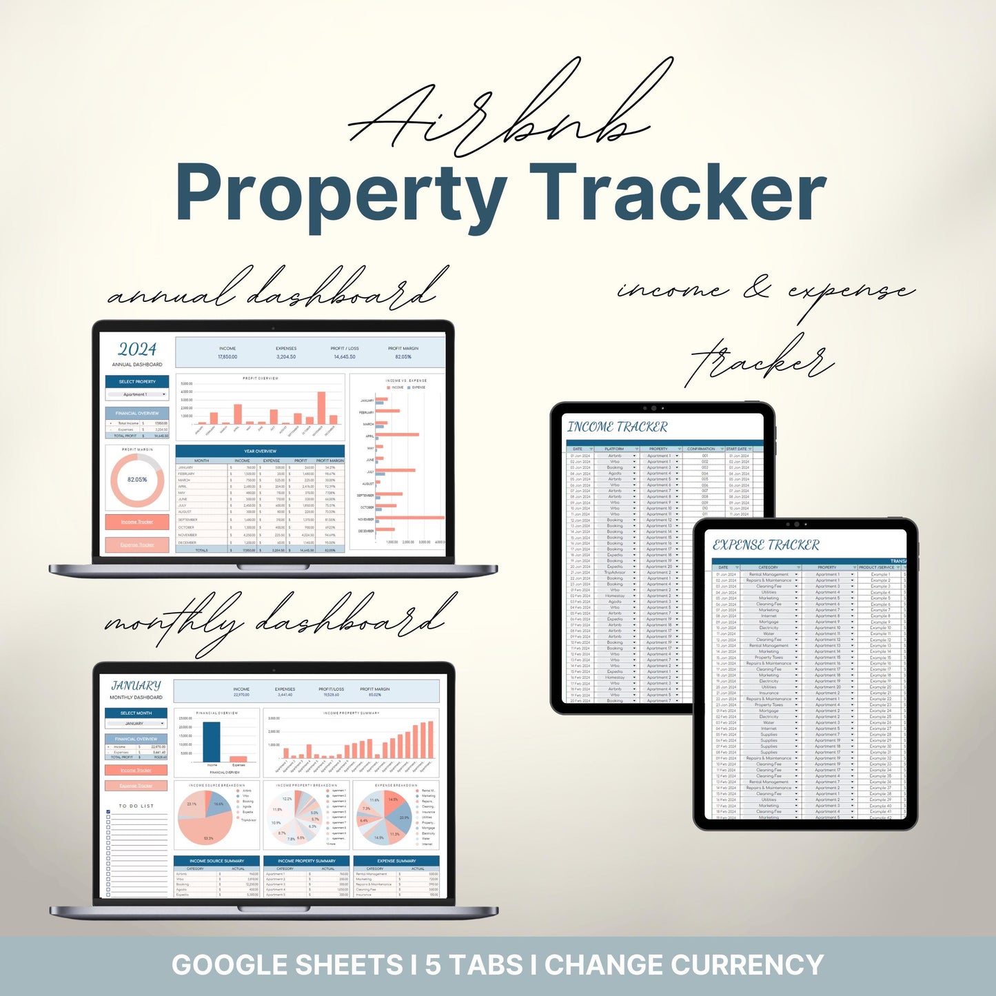 Overview of a airbnb host bundle showing an airbnb property tracker for google sheets.