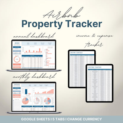 Overview of a airbnb host bundle showing an airbnb property tracker for google sheets.