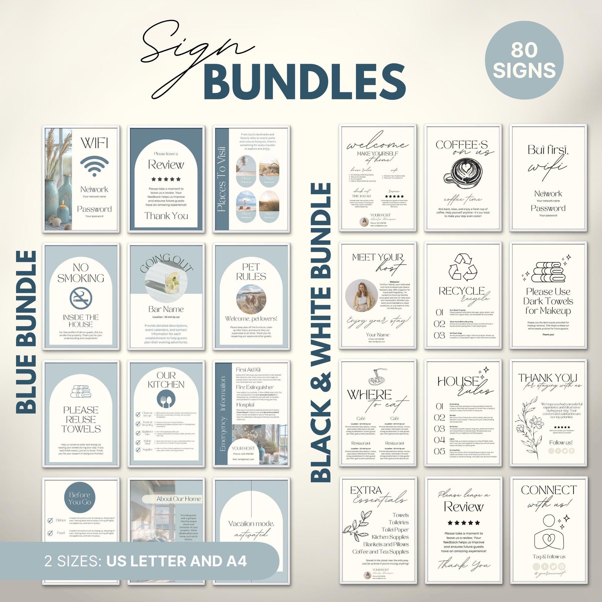 Overview of a airbnb host bundle showing airbnb signs in us letter and a4.
