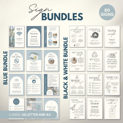 Overview of a airbnb host bundle showing airbnb signs in us letter and a4.