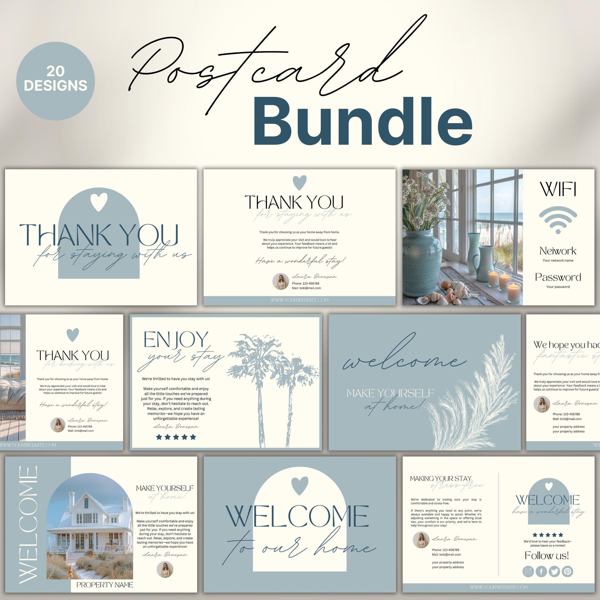 Collection of 20 neutral-toned Airbnb cards, including welcome, thank you, and WiFi cards, featuring modern typography, soft illustrations, and customizable layouts for short-term rental hosts.