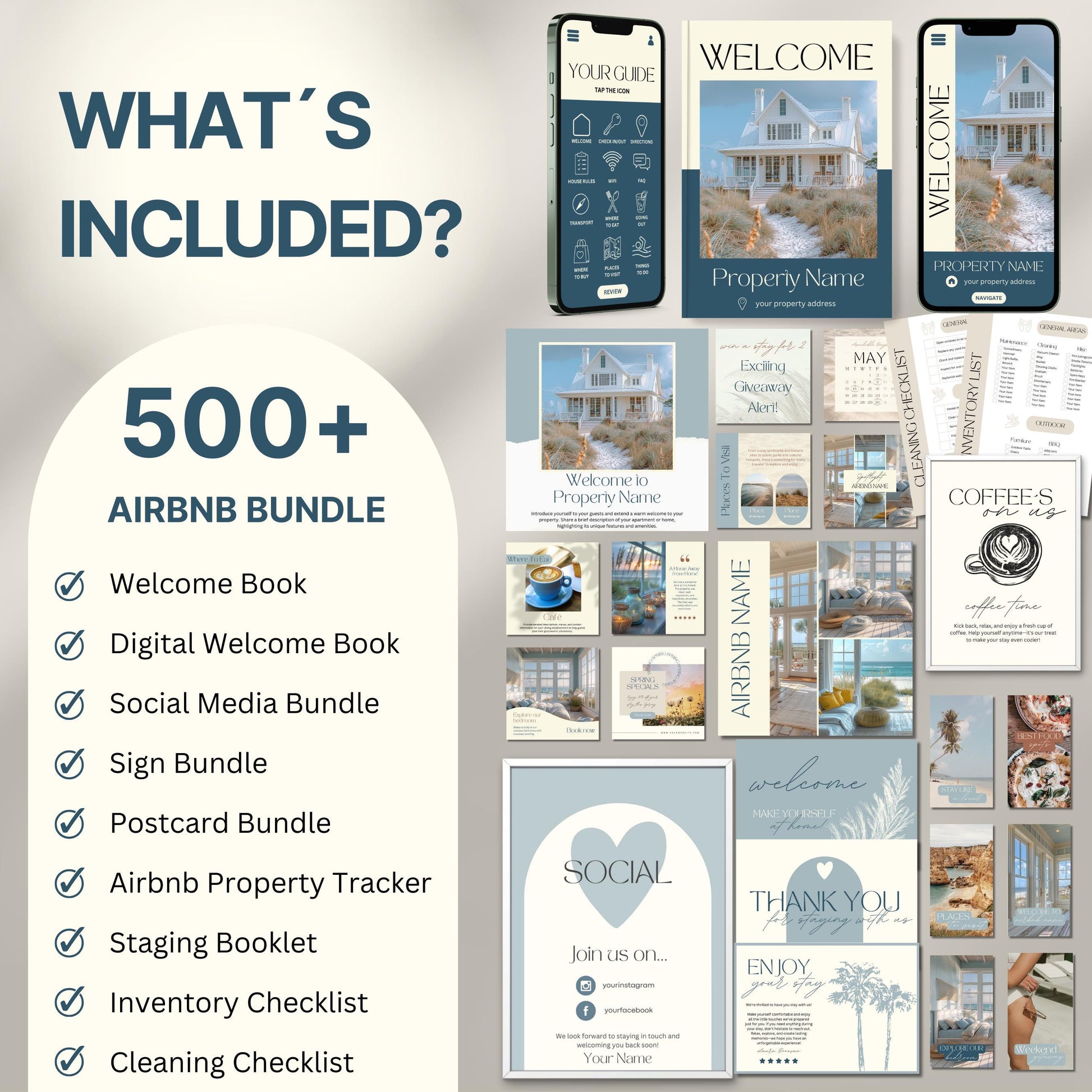 Overview image of a 500+ piece Airbnb Host Bundle in a soft theme, showcasing digital and printed welcome books, social media templates, property signs, postcards, checklists, and guest guides designed for Airbnb hosts to enhance guest experience and streamline hosting.