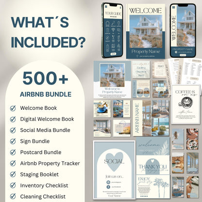 Overview image of a 500+ piece Airbnb Host Bundle in a soft theme, showcasing digital and printed welcome books, social media templates, property signs, postcards, checklists, and guest guides designed for Airbnb hosts to enhance guest experience and streamline hosting.