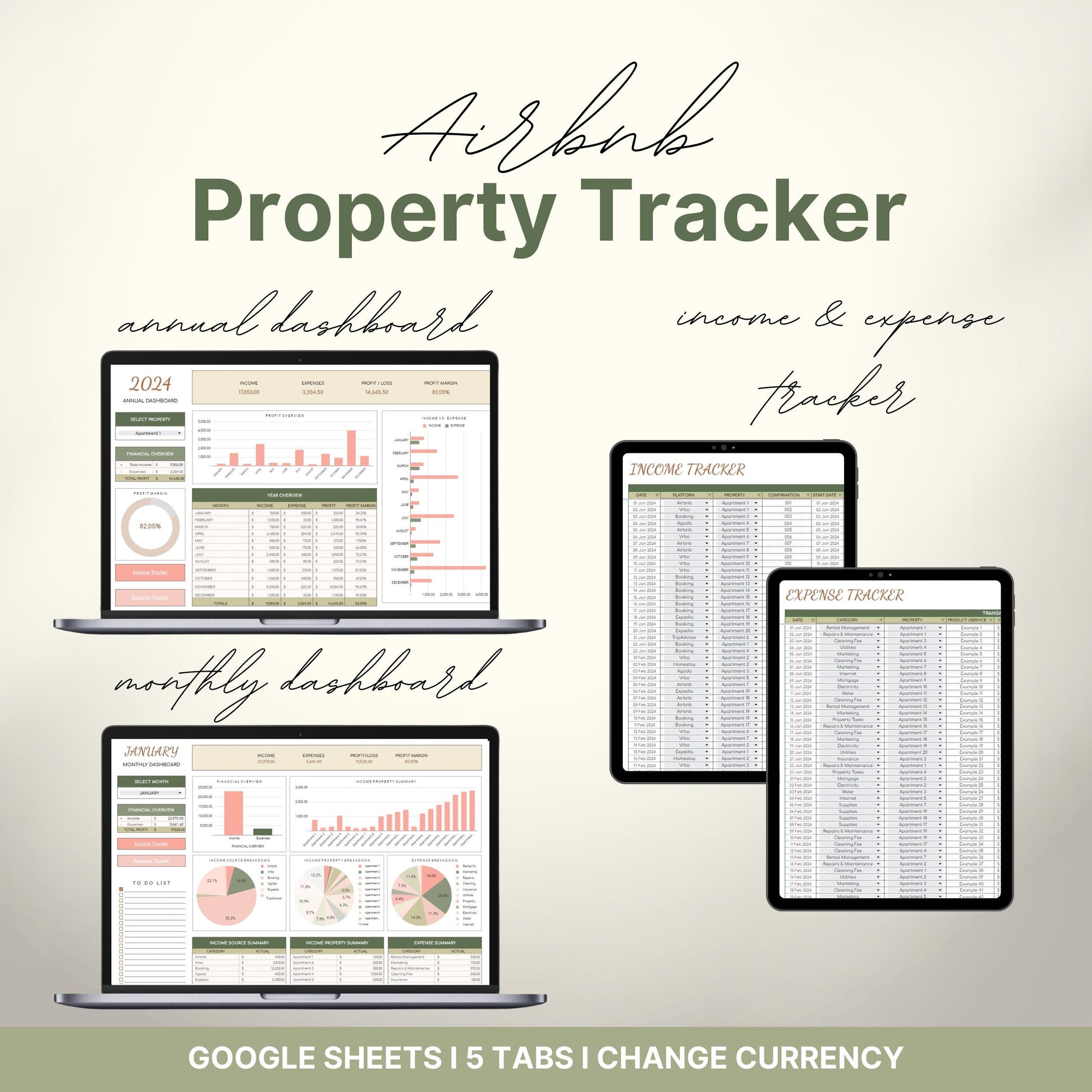 Overview of a airbnb host bundle showing an airbnb property tracker for google sheets.