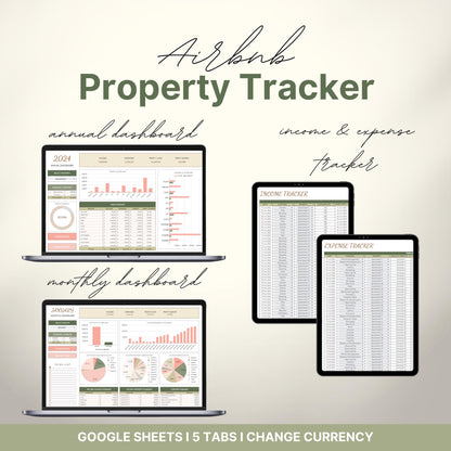 Overview of a airbnb host bundle showing an airbnb property tracker for google sheets.