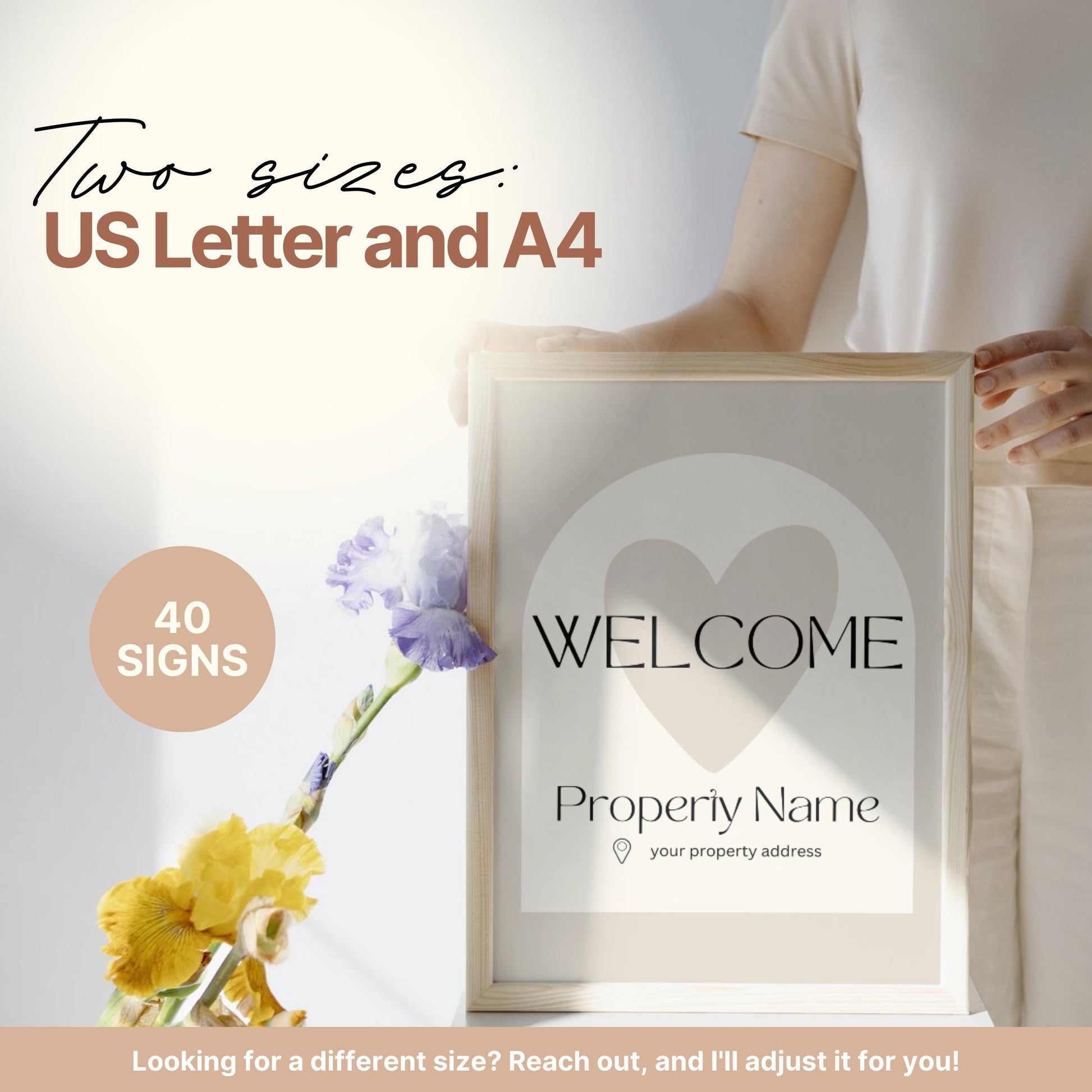 Promotional image for an Airbnb welcome sign bundle . Text highlights that the bundle includes 40 signs in two sizes: US Letter and A4, with a note offering custom sizing upon request.