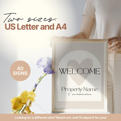 Promotional image for an Airbnb welcome sign bundle . Text highlights that the bundle includes 40 signs in two sizes: US Letter and A4, with a note offering custom sizing upon request.