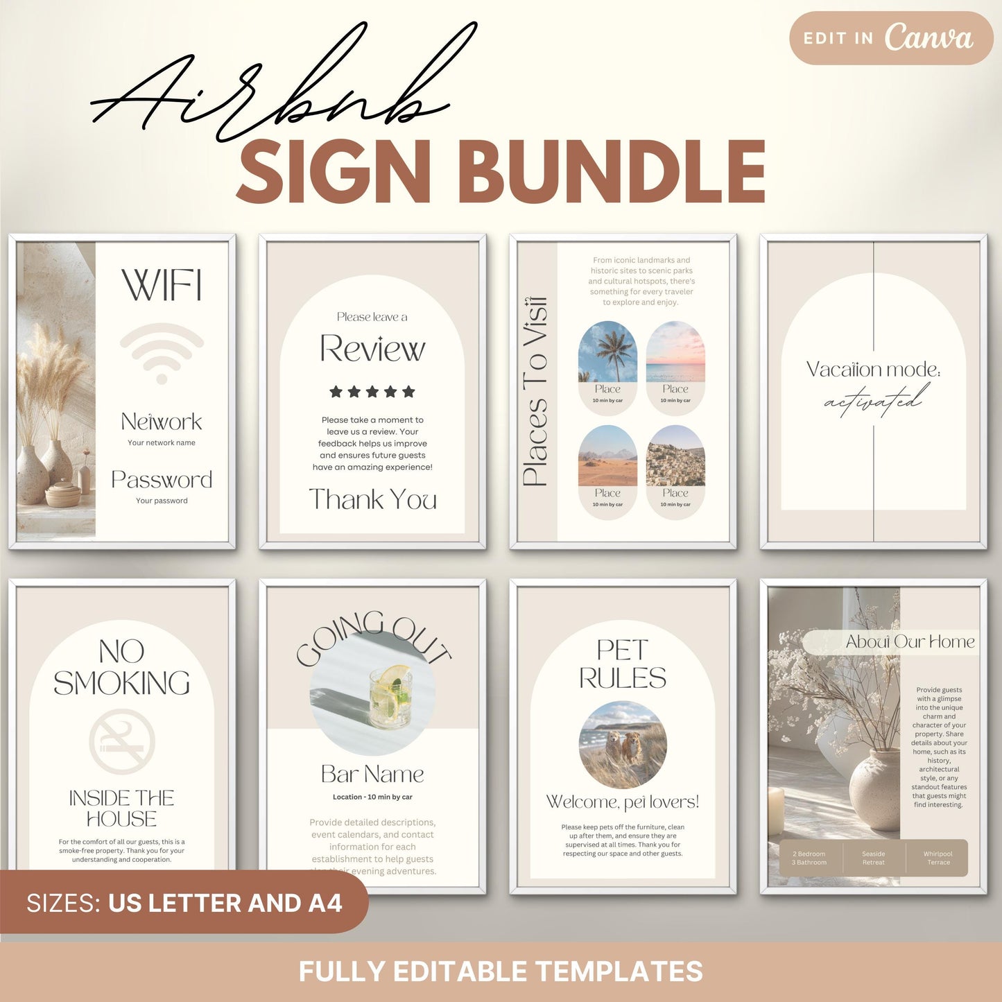 Airbnb Sign Bundle preview featuring 8 professionally designed printable signs. The signs are labeled as fully editable in Canva and are available in US Letter and A4 sizes, ideal for Airbnb hosts looking to provide stylish and informative guest communication.