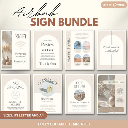 Airbnb Sign Bundle preview featuring 8 professionally designed printable signs. The signs are labeled as fully editable in Canva and are available in US Letter and A4 sizes, ideal for Airbnb hosts looking to provide stylish and informative guest communication.
