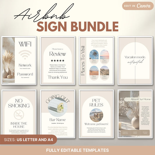 Airbnb Sign Bundle preview featuring 8 professionally designed printable signs. The signs are labeled as fully editable in Canva and are available in US Letter and A4 sizes, ideal for Airbnb hosts looking to provide stylish and informative guest communication.