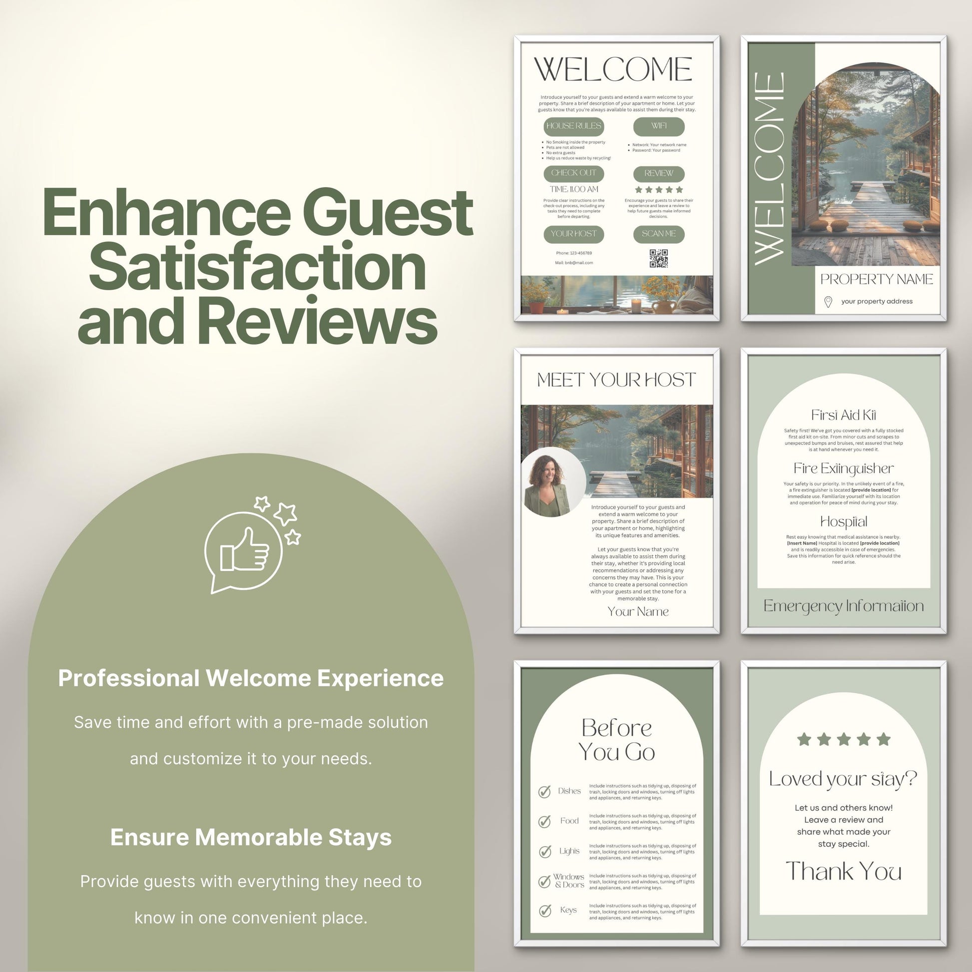 Promotional image titled "Enhance Guest Satisfaction and Reviews," featuring six professionally designed Airbnb welcome signs.