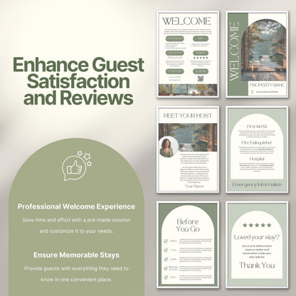 Promotional image titled "Enhance Guest Satisfaction and Reviews," featuring six professionally designed Airbnb welcome signs.