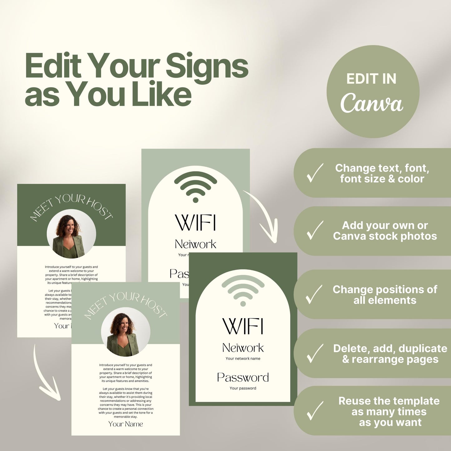 Instructional graphic showcasing editable Airbnb sign templates in Canva.  A checklist on the right reinforces these features alongside a “Edit in Canva” badge. The overall design is clean, modern, and user-friendly.