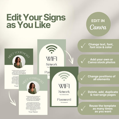 Instructional graphic showcasing editable Airbnb sign templates in Canva.  A checklist on the right reinforces these features alongside a “Edit in Canva” badge. The overall design is clean, modern, and user-friendly.