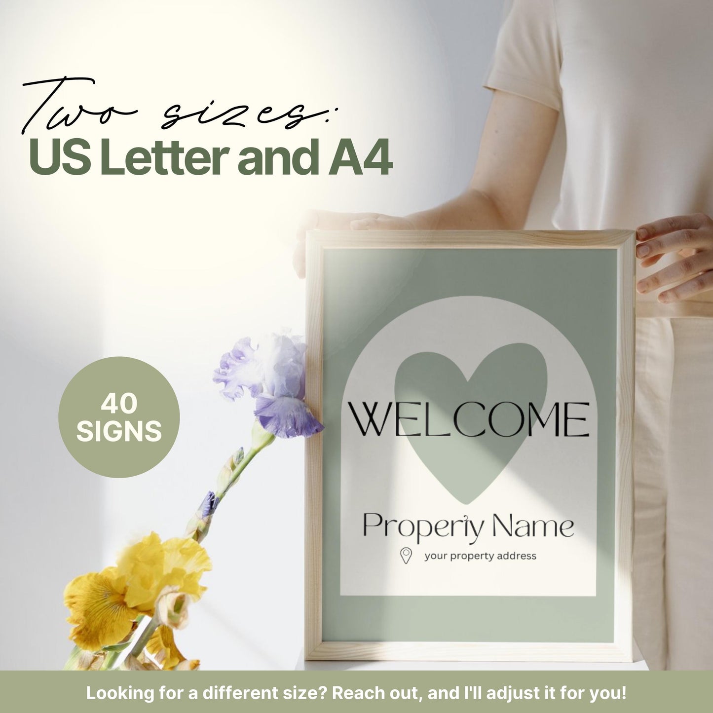 Promotional image for an Airbnb welcome sign bundle . Text highlights that the bundle includes 40 signs in two sizes: US Letter and A4, with a note offering custom sizing upon request.