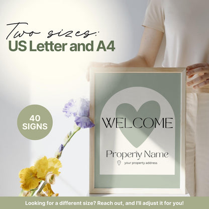 Promotional image for an Airbnb welcome sign bundle . Text highlights that the bundle includes 40 signs in two sizes: US Letter and A4, with a note offering custom sizing upon request.