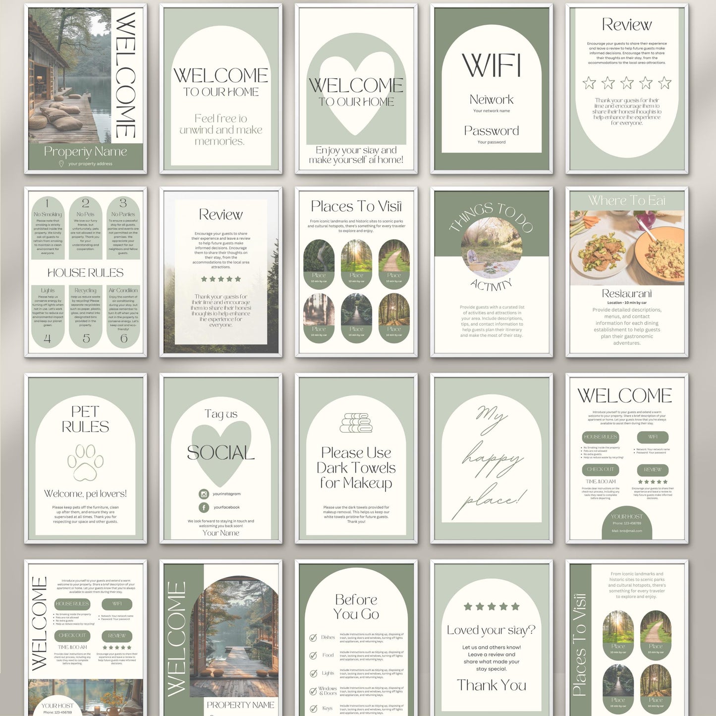 A neatly arranged collage of 20 minimalist Airbnb welcome signs. The overall aesthetic is clean, professional, and inviting—ideal for vacation rental hosts aiming to provide a warm, well-organized welcome.