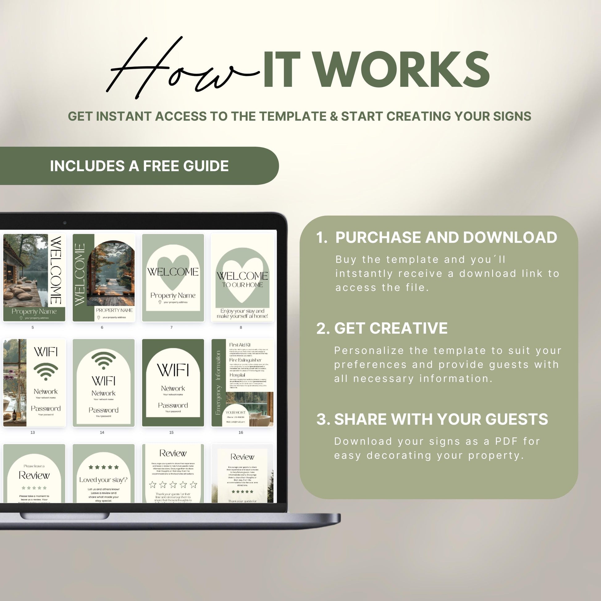 An instructional graphic titled “How It Works” guides users through the process of using customizable Airbnb sign templates. The layout includes a laptop screen displaying sample welcome signs in neutral tones, such as WiFi details, house rules, and guest reviews. To the right, three steps are listed: 1) Purchase and download the template; 2) Get creative by personalizing it with guest info; 3) Share with your guests by printing or saving as a PDF.