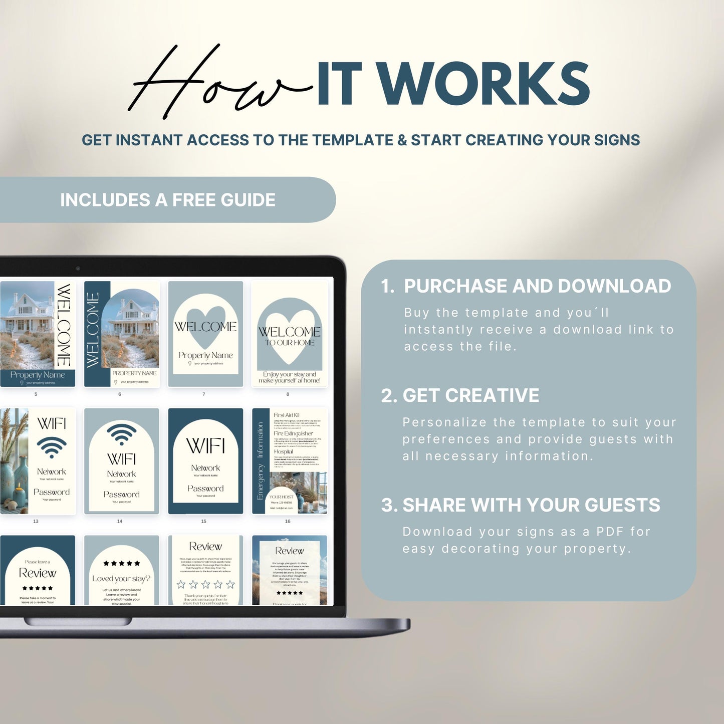 An instructional graphic titled “How It Works” guides users through the process of using customizable Airbnb sign templates. The layout includes a laptop screen displaying sample welcome signs in neutral tones, such as WiFi details, house rules, and guest reviews. To the right, three steps are listed: 1) Purchase and download the template; 2) Get creative by personalizing it with guest info; 3) Share with your guests by printing or saving as a PDF.