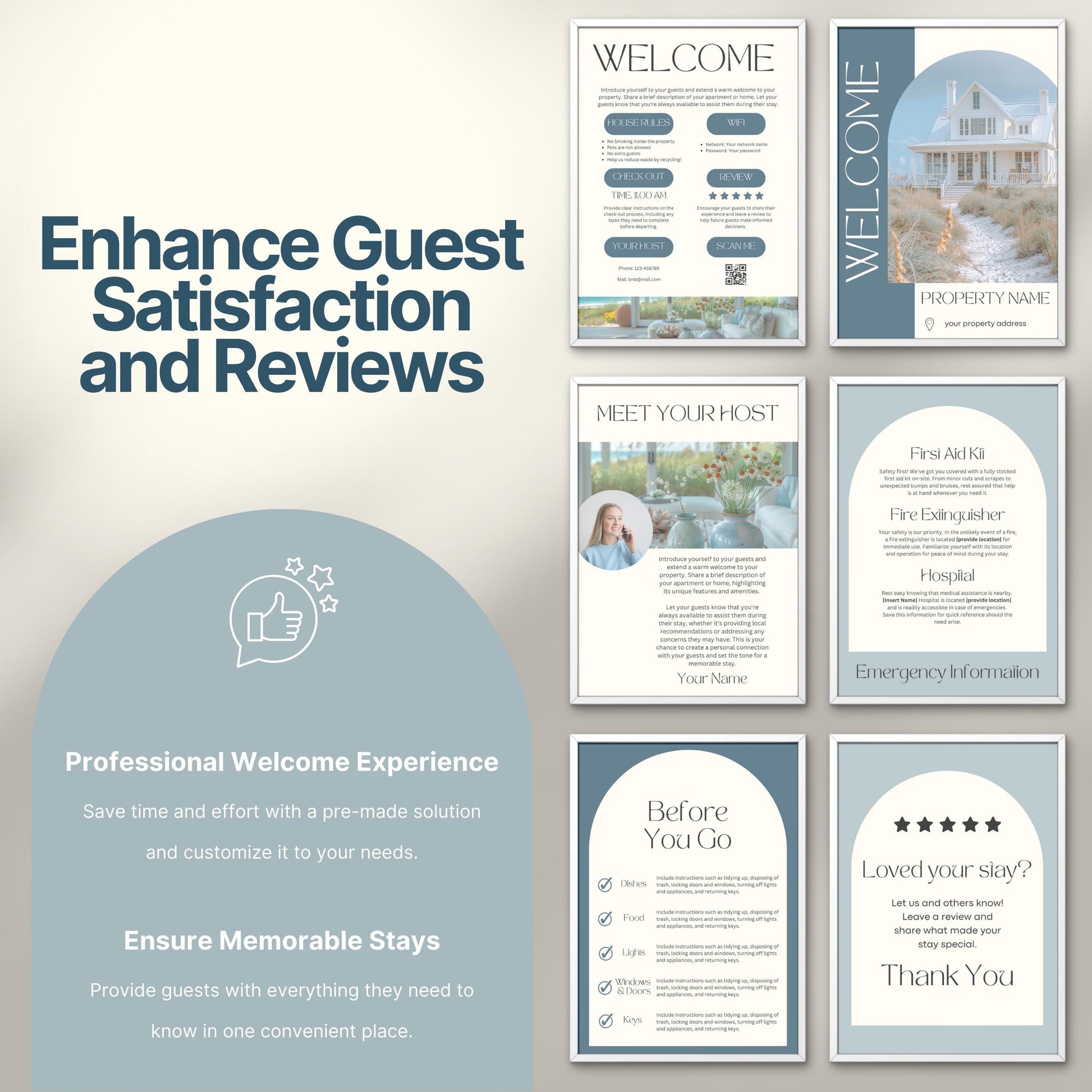 Promotional image titled "Enhance Guest Satisfaction and Reviews," featuring six professionally designed Airbnb welcome signs.