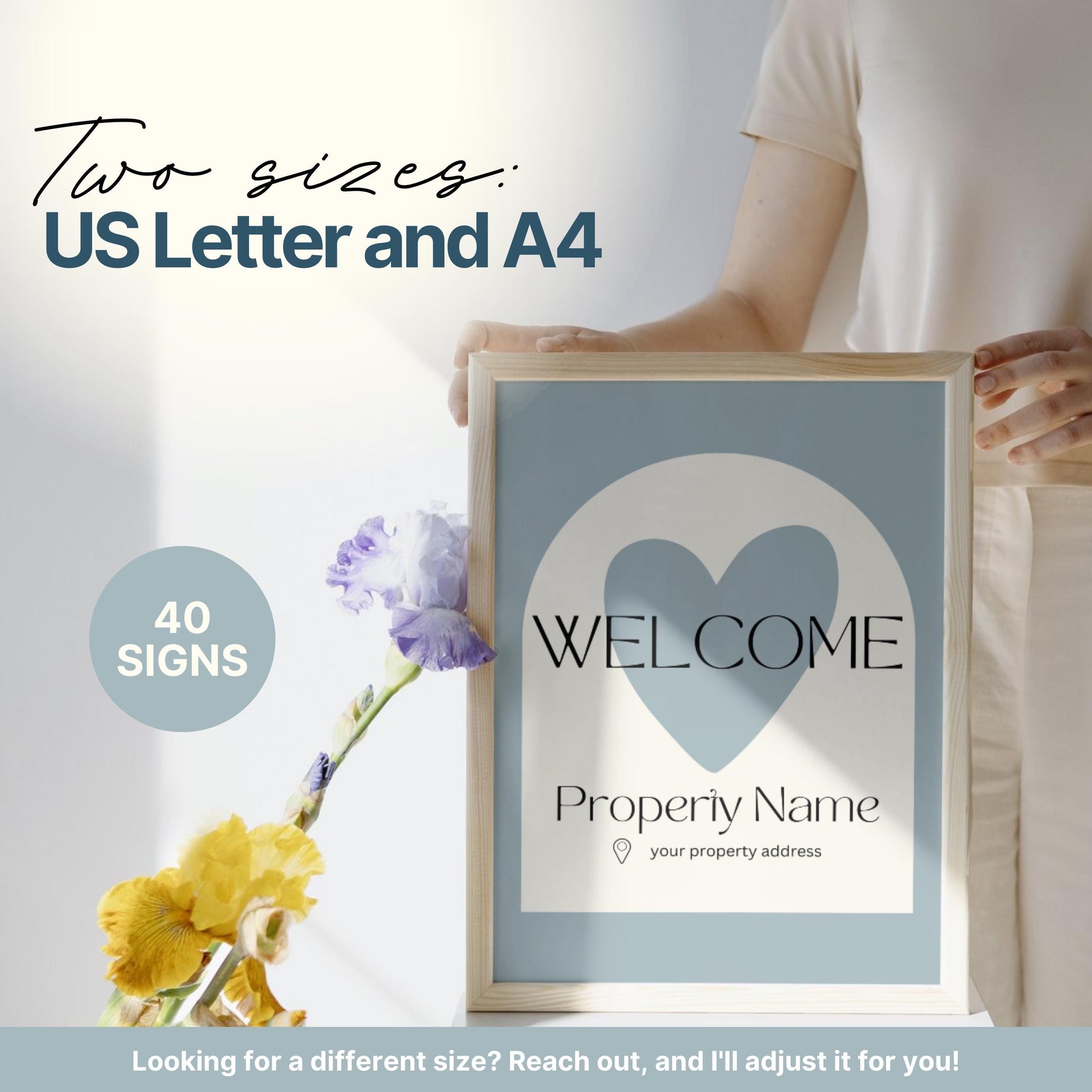 Promotional image for an Airbnb welcome sign bundle . Text highlights that the bundle includes 40 signs in two sizes: US Letter and A4, with a note offering custom sizing upon request.