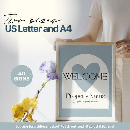 Promotional image for an Airbnb welcome sign bundle . Text highlights that the bundle includes 40 signs in two sizes: US Letter and A4, with a note offering custom sizing upon request.